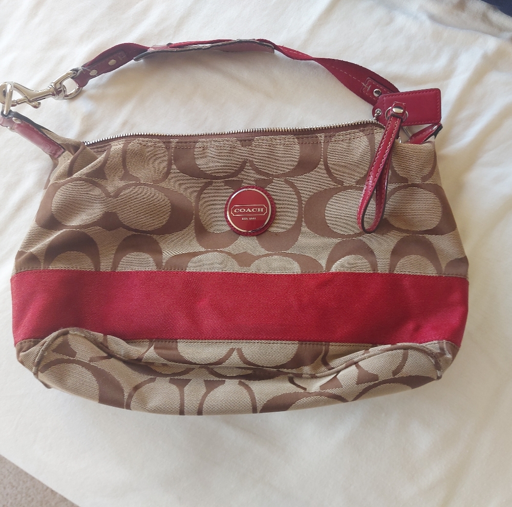 Vintage Coach Signature Red Stripe Khaki/Brown Shoulder Bag w/ Monogram Pattern